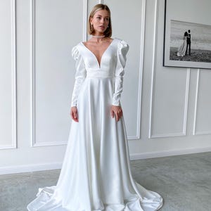 Simple wedding dress, Long sleeve wedding dress, Modern wedding dress, Deep v wedding dress, Satin wedding dress, Minimalist wedding dress