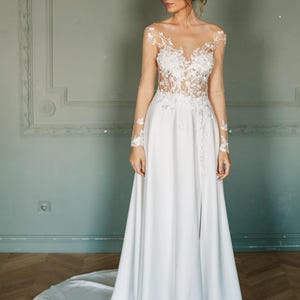Sheer wedding dress, Floral wedding dress, A line wedding dress, Long sleeve wedding dress, White wedding dress, Custom wedding dress