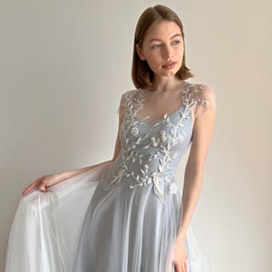 Blue wedding dress, A line wedding dress, Floral wedding dress, Embroidered wedding dress, Tulle wedding dress, Custom wedding dress
