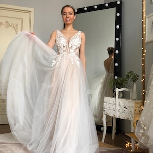 Tulle wedding dress, Boho wedding dress, Wedding dress, Lace wedding dress, Floral wedding dress, A line wedding dress