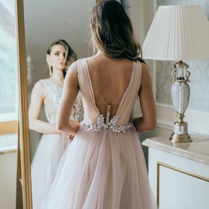 Blush wedding dress, Floral wedding dress, A line wedding dress, Pearl wedding dress, Custom wedding dress, Fairytale wedding dress