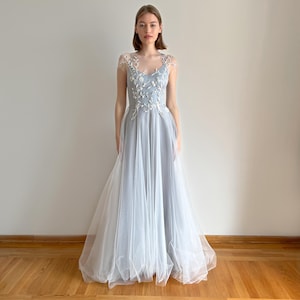 Blue wedding dress, Floral wedding dress, Embroidered wedding dress, Beaded wedding dress, Tulle wedding dress, Custom wedding dress