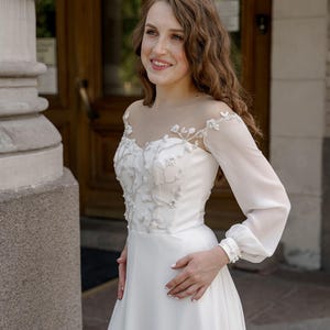 Floral wedding dress, Chiffon wedding dress, White wedding dress, Boho wedding dress, Long sleeve wedding dress, Custom wedding dress