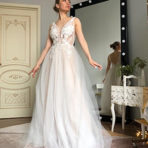 Boho wedding dress, Wedding dress, Tulle wedding dress, Lace wedding dress, Romantic wedding dress, A line wedding dress