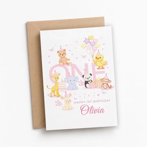 Animal First Birthday Card For Girl | Daughter 1st Birthday Card | One Year Old Birthday For Granddaughter | Niece 1st Birthday Card