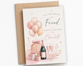 Personalized Milestone Birthday Card for Friend | Elegant Pink Watercolor Champagne Card for Her