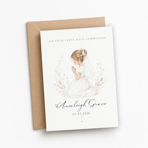 Tarjeta personalizada de Primera Comunión para niña / Niña rezando en acuarela / Regalo para hija/ahijada / Nombre y fecha personalizados