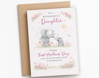 Tarjeta del primer día de la madre para hija / Regalo personalizado de elefante para mamá primeriza