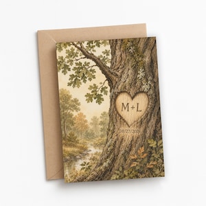 May include: A rectangular greeting card with a brown envelope featuring a detailed illustration of a large tree trunk with a heart carved into the bark containing the letters M+L and the date 08/27/2026, set against a forest landscape.