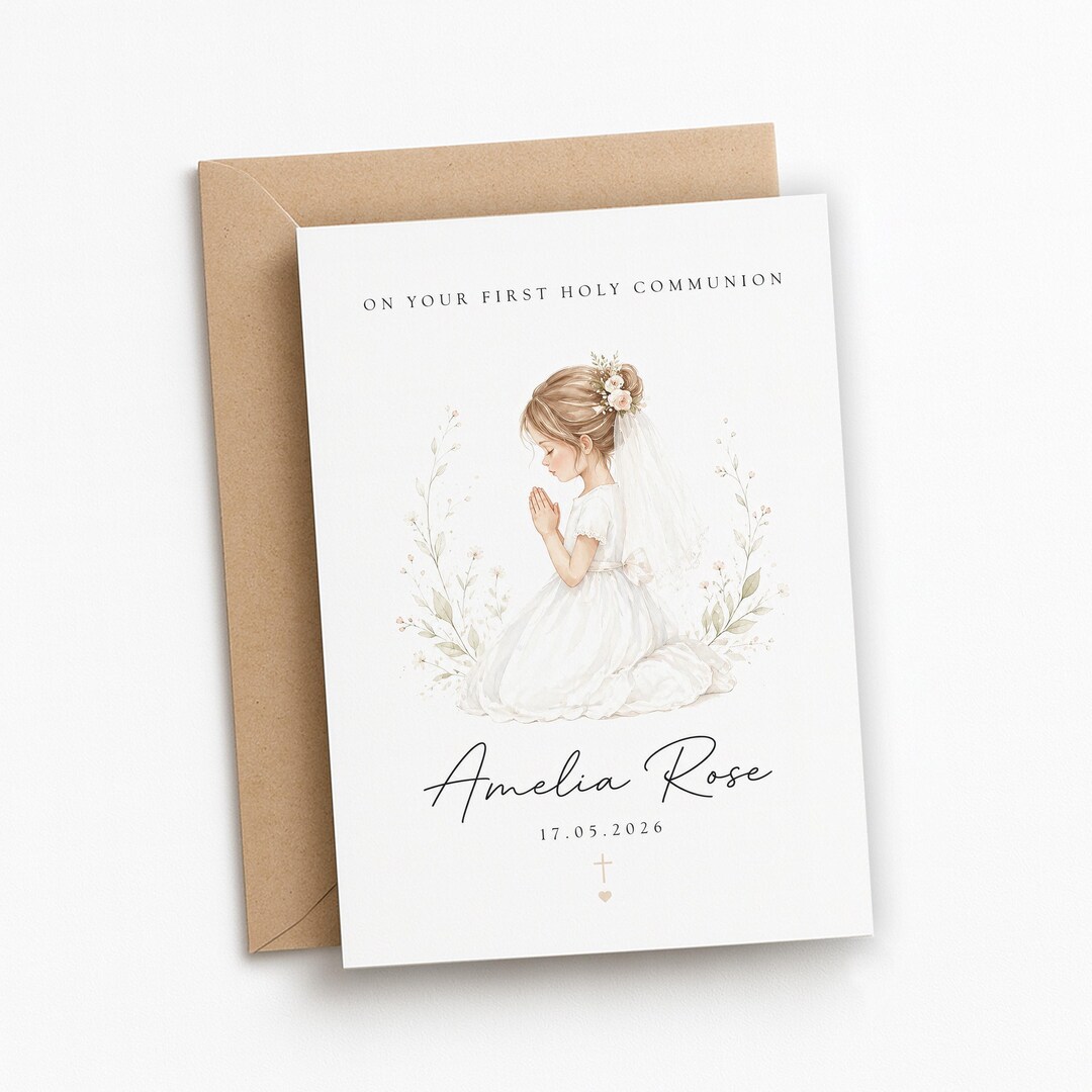 Personalized First Holy Communion Card Girl | Watercolor Praying Girl ...