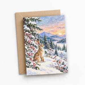 May include: A greeting card featuring a watercolor illustration of a brown hare sitting in a snowy landscape with pine trees and red berries. The scene depicts a winter sunset over distant mountains with soft light and falling snowflakes.