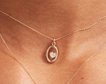 14k Solid Gold Heart Necklace: Dainty Everyday Pendant, Floating Design