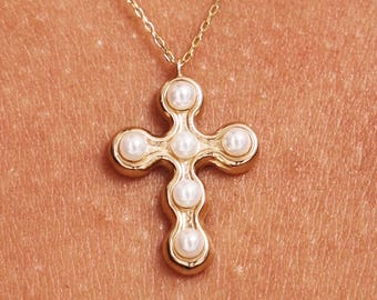 14K massivt guldpärlhalsband med kors: Elegant kristet hänge