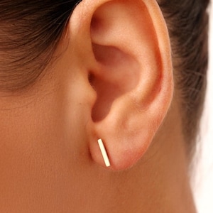 14K Solid Gold Bar Studs, Tarnish Free, Hypoallergenic and Waterproof