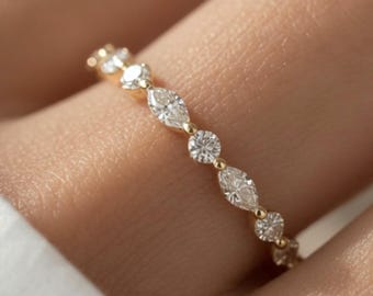 14K Solid Gold Eternity Ring • Dainty Stacking Round & Marquise Band