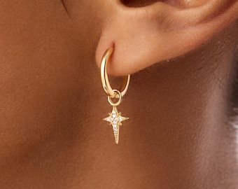 14K Solid Gold North Star Earrings: Celestial Jewelry
