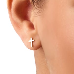 14K Solid Gold Cross Stud Earrings: Minimalist Religious Jewelry
