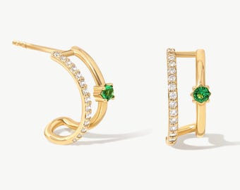 14K Solid Gold Diamond Double Hoop Studs