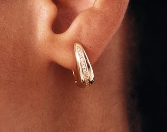 14K Solid Gold Diamond Hoops, Elegant Huggie Earrings with Diamonds