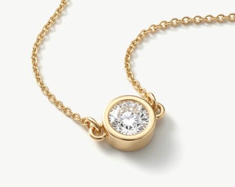 14K Solid Gold Solitaire Diamond Necklace - Dainty Jewelry