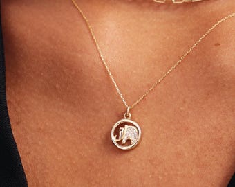 14k Solid Gold Elephant Necklace: Good Luck Charm Pendant