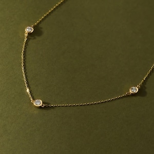 14K Solid Gold Diamond Station Necklace for Special Occasions, Bezel Set