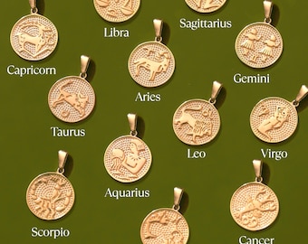 14K Solid Gold Zodiac Necklace, Astrology Sign Coin, Horoscope Pendant