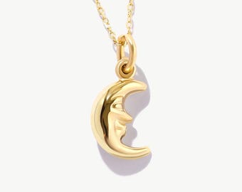 14K Solid Gold Moon Necklace: Dainty Celestial Crescent Pendant