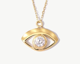 14K Solid Gold Evil Eye Necklace: Dainty Protection Pendant