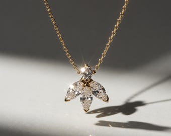 14K Solid Gold Diamond Lotus Necklace: Flower Pendant, Spiritual Gift