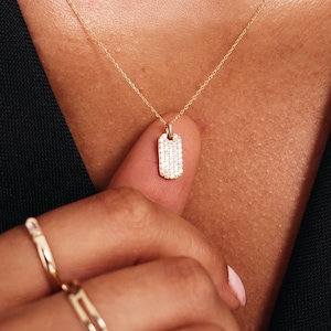 14K Gold Dog Tag Necklace with Cubic Zirconia – Dainty Tag Pendant for Women – Gift for Her, Wife, Mom or Girlfriend