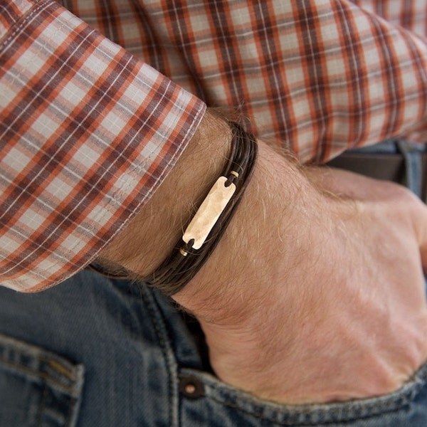 Men's Leather Bracelet Man's Bronze Bracelet Pounded Bronze Gift for Him Mans Bracelet Mens Jewelry Leather Wrap Bronze Anniversary Gift