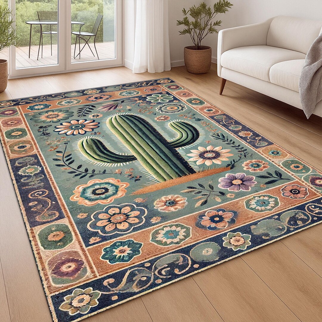 Southwestern Cactus Rug | Colorful Floral Area Carpet for Living Room ...