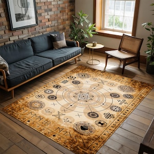 Tapis mystique avec symboles anciens, runes magiques et talisman vintage, décoration bohème spirituelle pour chambres de sorcellerie, décoration de coins de méditation