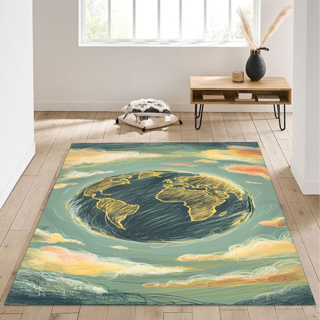 Earth Planet Rug – Celestial Globe Print Rug – Vintage Hand Drawn World ...