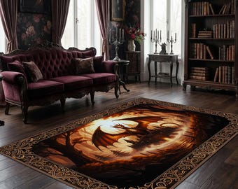 Gothic Dragon Area Rug, Dark Fantasy Castle Portal Design, Epic Mythical Home Decor