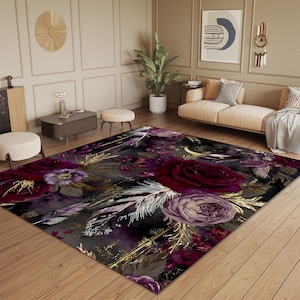 Dark Floral Rug With Gothic Roses & Gold Feathers Moody Romantic Carpet Witchy Decor Baroque Botanical Area Rug Washable Non Slip Floor Mat