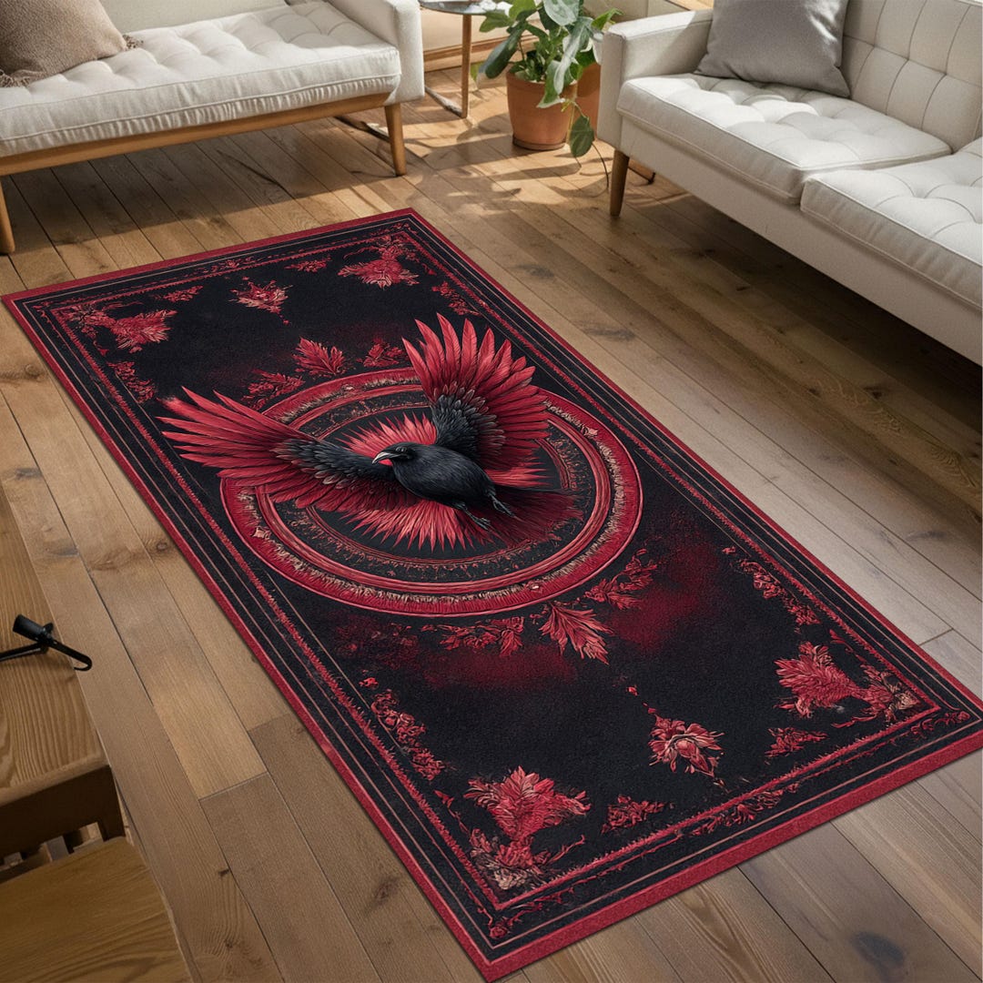 Gothic Rug For Library Gothic Raven Rug, Dark Red Black Mystical Carpet, Occult Style Floor ...