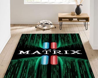 Alfombra inspirada en Matrix con diseño de código digital y píldoras rojas y azules, alfombra decorativa de ciencia ficción para fanáticos del cine, habitaciones de jugadores o interiores de temática futurista.