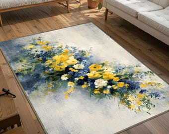 Tappeto floreale – Fiori acquerello giallo blu con morbida texture pittorica, moderno tappeto botanico per soggiorno, camera da letto, arredamento per la casa