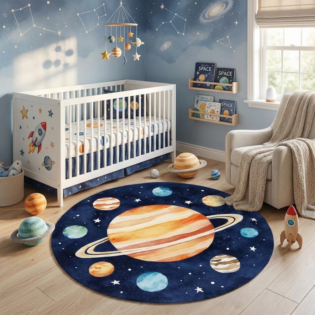 Space Round Rug Round Space Nursery Rug for Kids Room, Solar System Planets Rug, Space ...