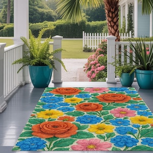 Tapete floral para área externa, tapete para varanda, tapete para pátio, tapete com flores de verão, tapete para sala de estar de jardim, tapete colorido, tapete vibrante, tapete para decoração de área externa