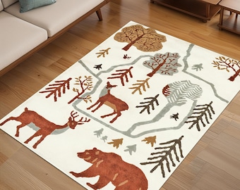 Tapete de área de animais da floresta, tapete de urso e veado da floresta, tapete de natureza inspirado em cabana aconchegante para decoração rústica de quarto e sala de estar, tapete de quarto infantil