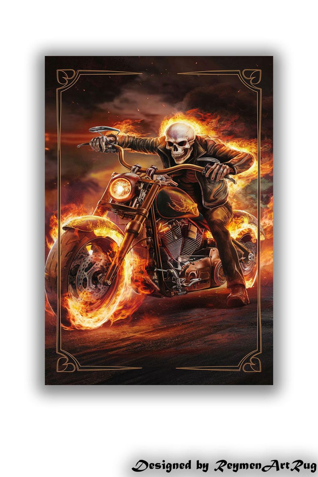 Hellfire Motorcycle Rug – Gothic Biker Art, Fiery Skull Rider Rug ...