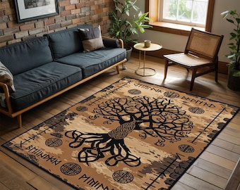 Viking Yggdrasil Rug: Norse Runes, Mythic Tree of Life