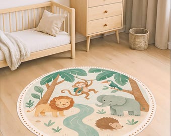 Jungle Nursery Rug, Round Animal Carpet with Lion Elephant Monkey Design, Washable Soft Pastel Baby Room Play Mat for Kids Safari Decor