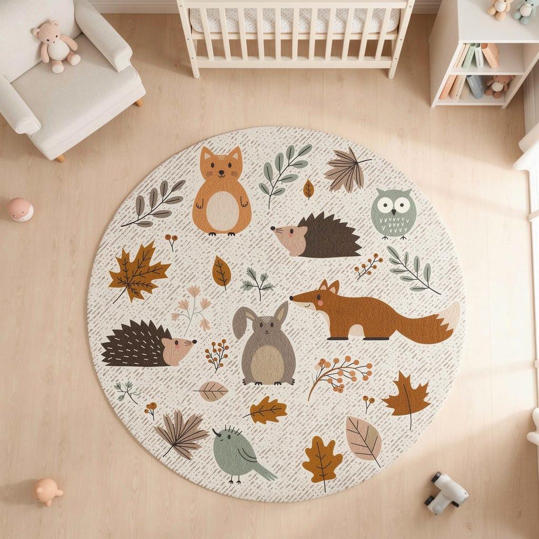 Baby Rooom Rugs Forest Animals Nursery Rug Round, Woodland Baby Room Rug, Neutral Kids ...