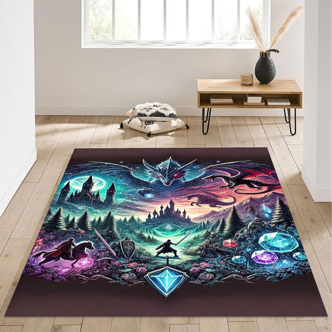 Epic Rug Epic Fantasy Dragon Battle Rug, Dark Castle Warrior Rug, Mystic RPG ...