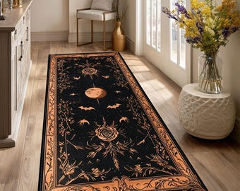 Celestial Runner Rug Moon Rose Bat Motif Botanical Hallway Carpet Dark Mystical Long Runner Decor