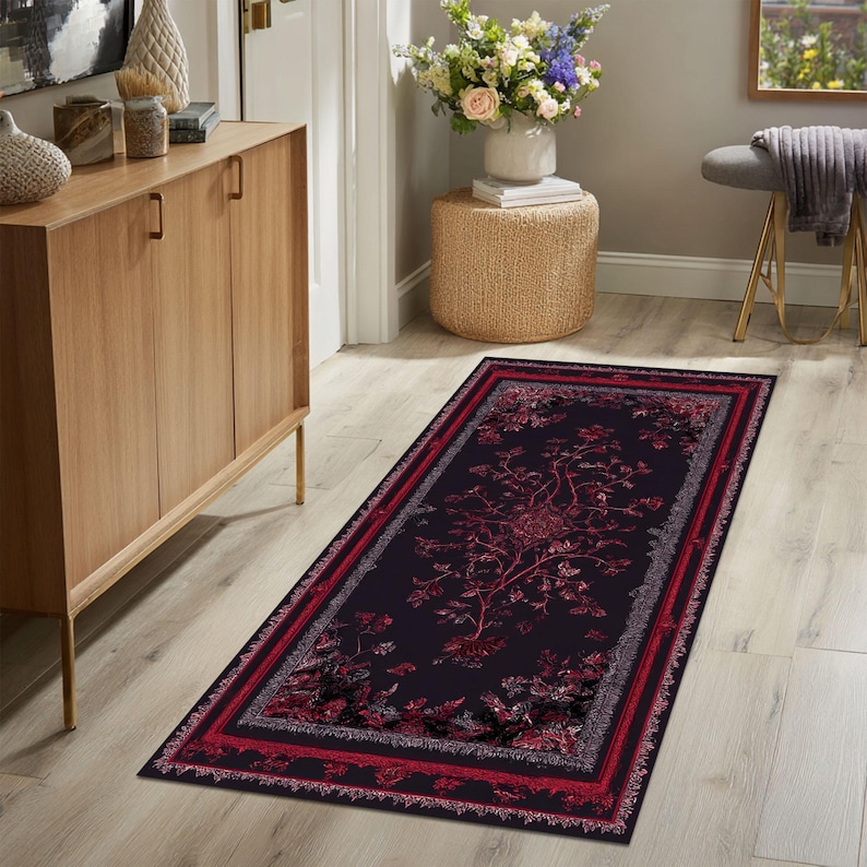 Dark Red Gothic Botanical Runner Rug Carpet, Romantic Floral Long Area ...